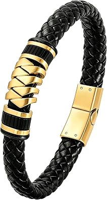 Mens Bracelet Stainless Steel Braided Leather