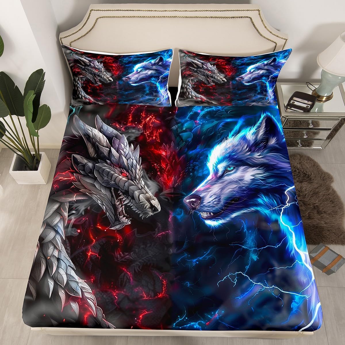 3D Dragon Kids Fitted Sheet Full Size,Western Dragon Wild Wolf Jungle Animal Hunting Bedding Set,Boys Men Room Decor,Red Blue Lightning Bed Cover,Blue Grey Bed Sheet,2 Pillowcases