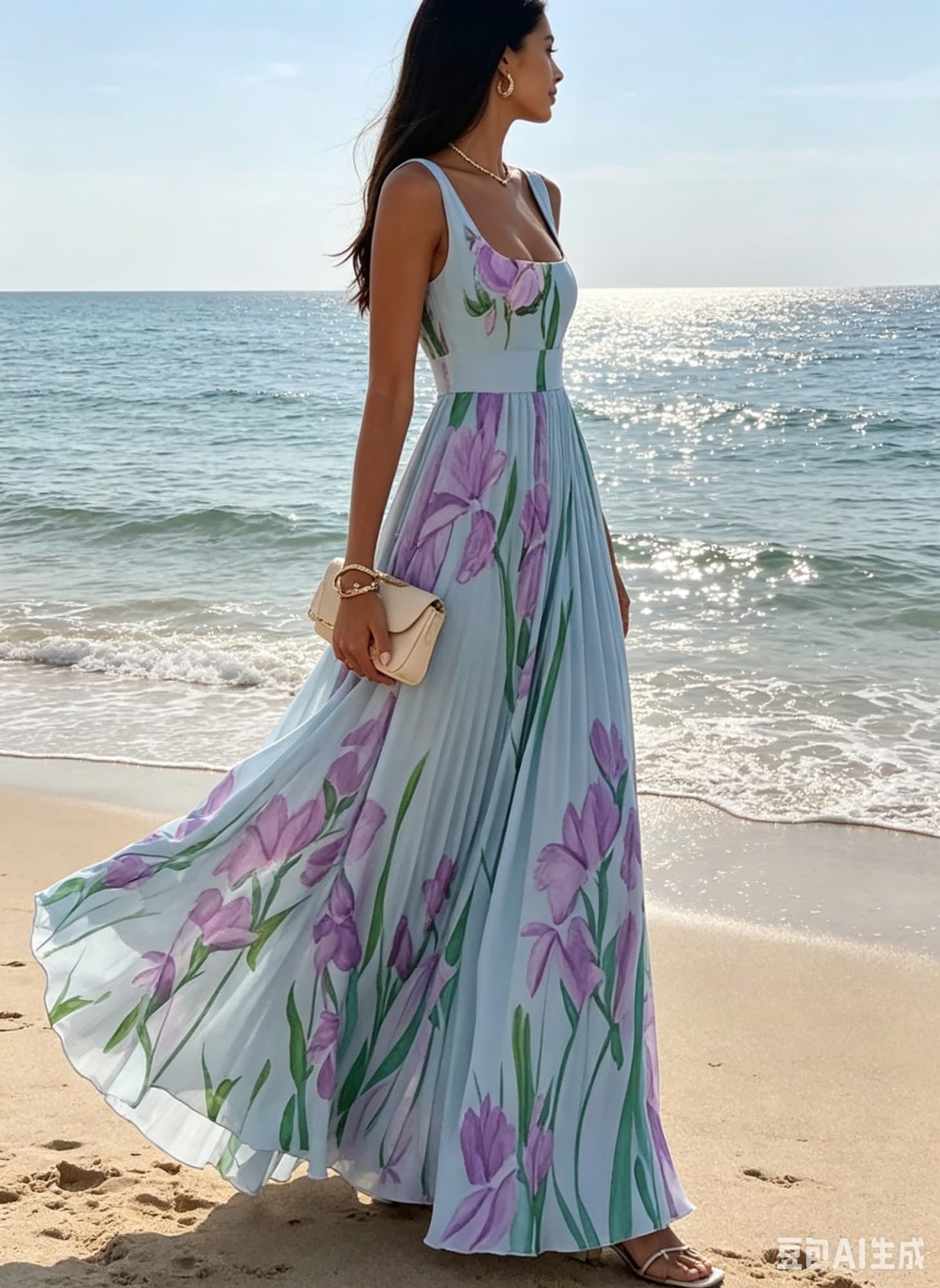 Generale Vestito Lungo Fluido in Chiffon Floreale Senza Maniche, Vita Impero, Abito da Sera Formale Elegante Donna ospite Nozze