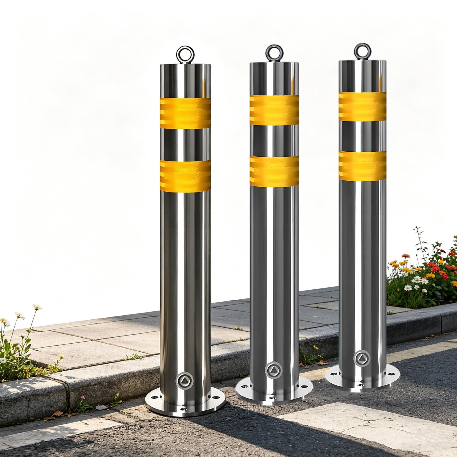 Beachtiful Safety Bollard Driveways Stainless Steel Security Posts with Anchor Bolts, Removable Bollard with Reflective Strips, for Traffic Control/Driveway Barrier(750mm/29.5in) 3PCS