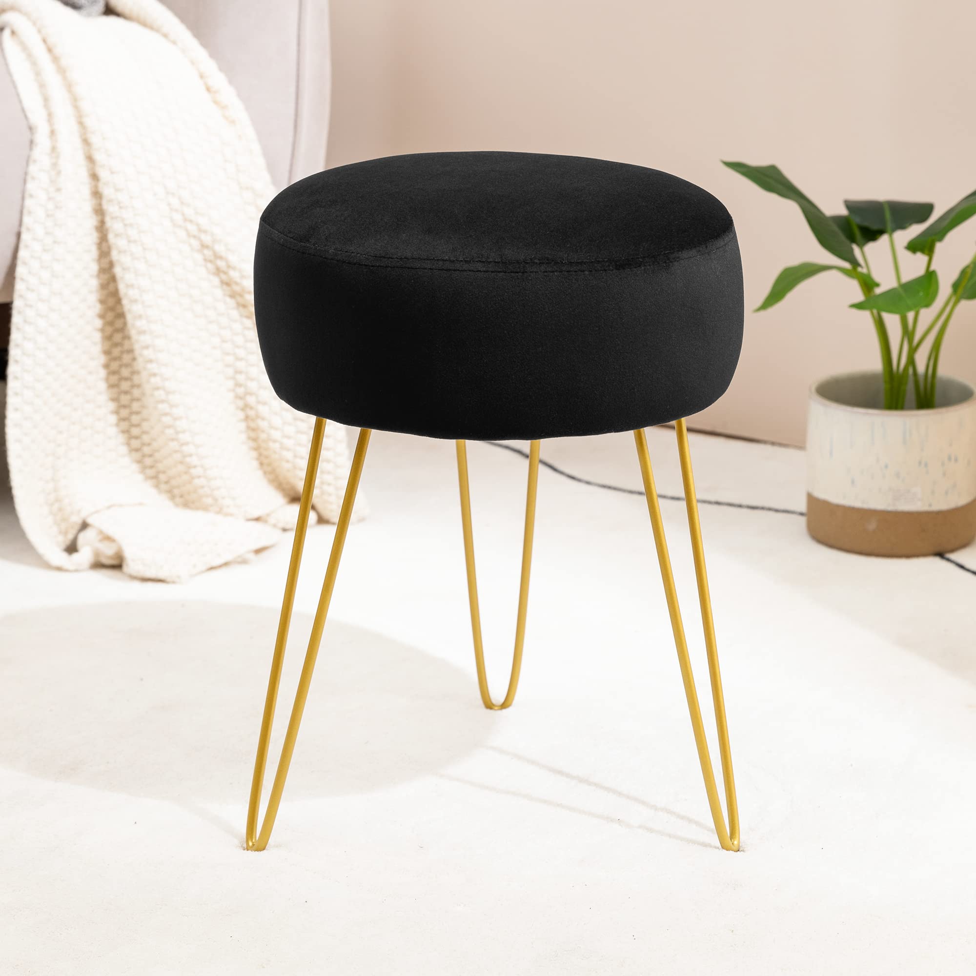 Lue Bona - Round Velvet Dressing Table Stool Vanity Stool Padded Stool with Metal Legs Black