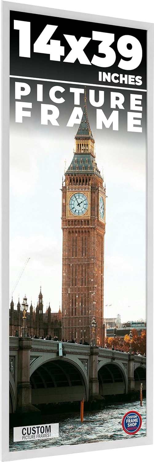 14x39 Frame White Real Wood Picture Frame Width 0.75 Inches | Interior Frame Depth 0.5 Inches | Bianca Mid Century Photo Frame Complete with UV Acrylic, Foam Board Backing & Hanging Hardware