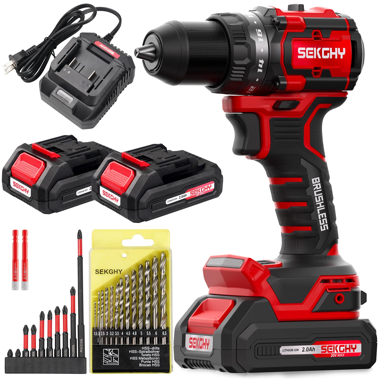 SEKGHY 20V MAX Cordless Drill Driver Kit, 70Nm High Torque, LED Light, 26 Piece Accessory Set, 2 Batteries and Fast Charger for Wood Metal Drilling