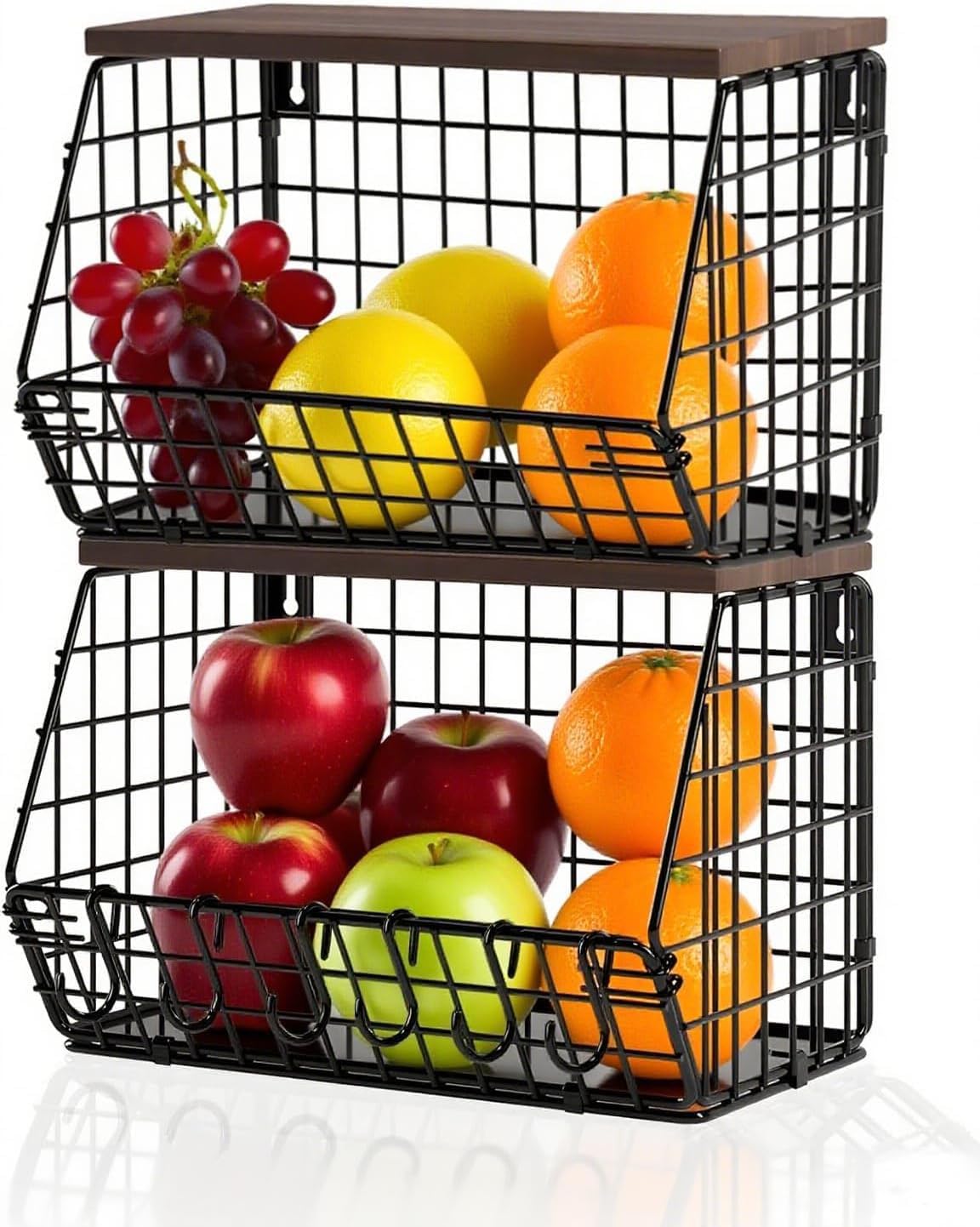 Cesta de frutas para cocina multifuncional: cestas apilables con 6 ganchos útiles
