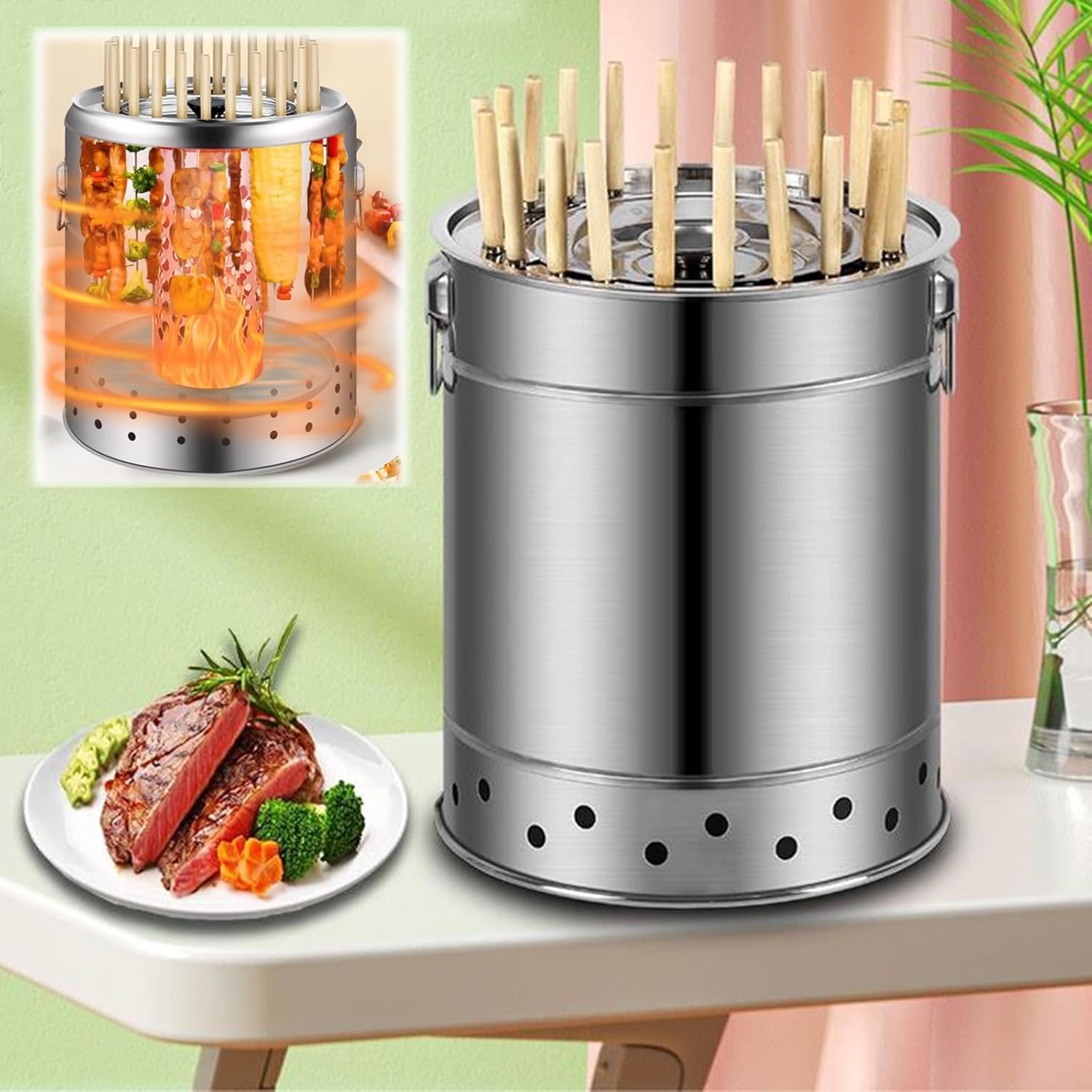 Outdoor Charcoal Grill Smokeless BBQ Hanging Grill Portable Stainless Steel BBQ Grill Oil and Carbon Separation Design Round Barrel Grill for Barbecue Party Camping(35x37cm/13.8x14.6)