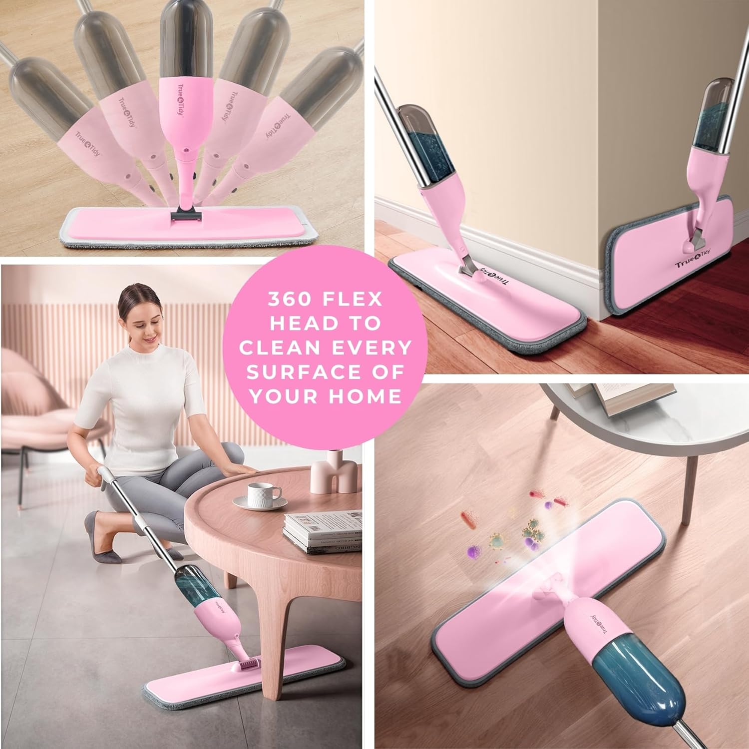 True & Tidy® Pink Clean Everywhere Spray Mop Kit with Three Interchangeable Heads and Refillable Tank- Includes Head, Round, and Window Squeegee Attachments with StickyPro XL Lint Roller
