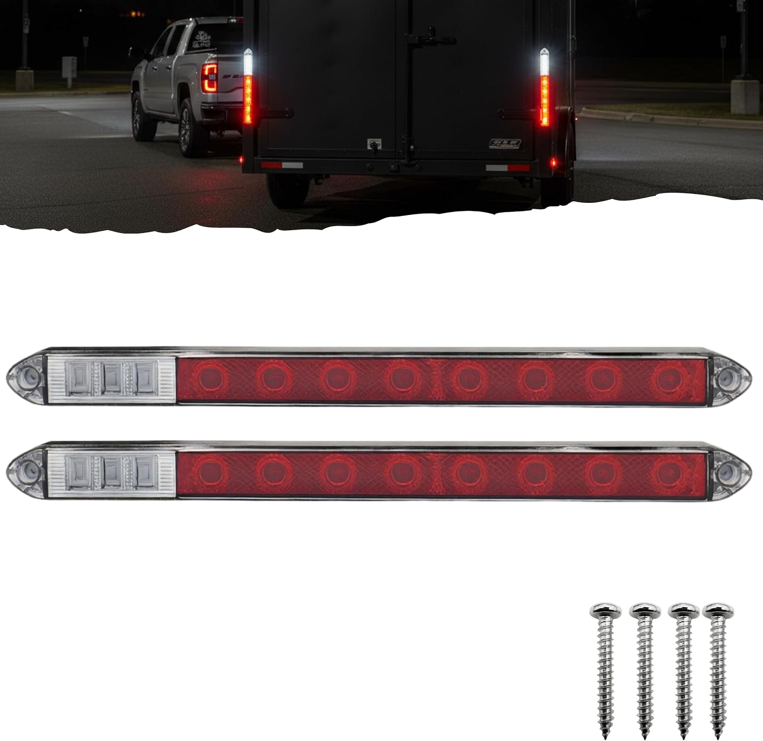 2PC 13.5" LED Identification Light Bar Dual Function - Stop Tail Turn & Back-Up Light, 8 Red/6 White LEDs Super Bright, Weatherproof IP67, DOT FMVSS Compliant, Trailers RVs Campers 12V- Colored Lens