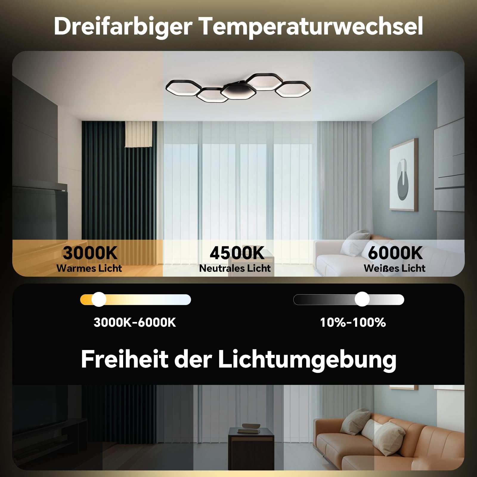 Yuanfenghua LED Deckenleuchte, Deckenlampe Dimmbar mit Fernbedienung Farbwechsel, Wohnzimmerlampe Schlafzimmer moderne Deckenbeleuchtung Kronleuchter Lampe, 90cm, Schwarz