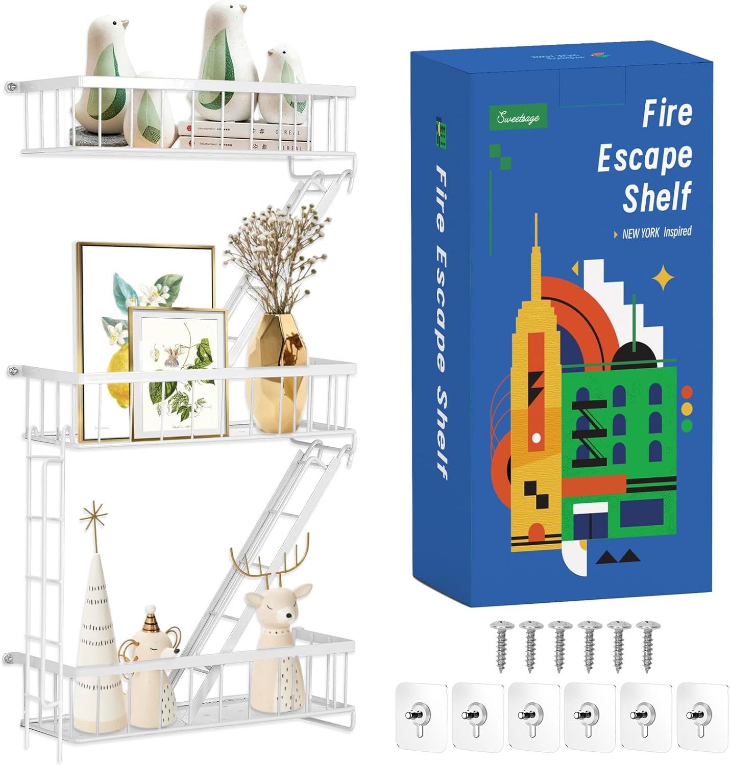 SweetSage Fire Escape Shelf - 3 Tier White Wall Display Floating Shelves, Metal Decorative Shelving for Bedroom, Home Décor, Action Figure Display