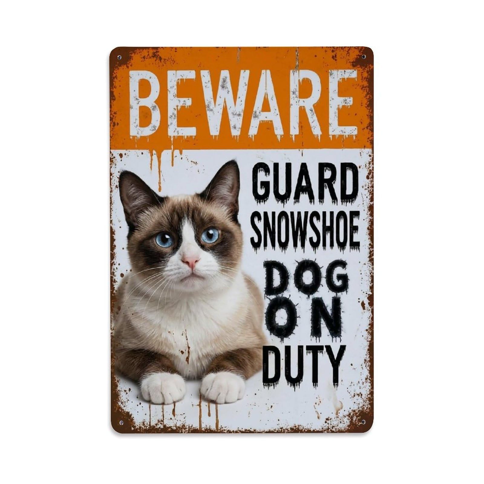 Vintage Funny Snowshoe Guard Beware of Cat Driveway Metal Tin Sign Plaque Wall Decor for Cafe, Club Bar, Office, Garden Metal Poster 8x12Inch