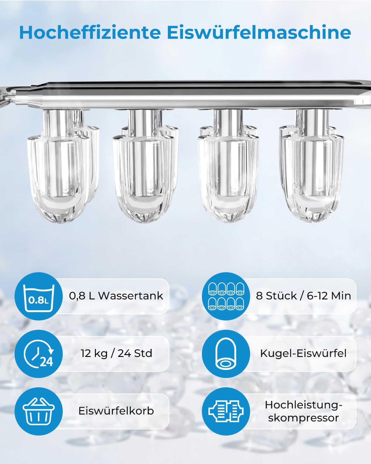 WELLENT Tragbare Eiswürfelmaschine mit Schublade – Schnelles Kugeleis in 6 Min (12kg/24h), 2 Größen, Selbstreinigung – Hygienische Schubladen-Entnahme & Kompaktes Design für Küche, Bar & Büro