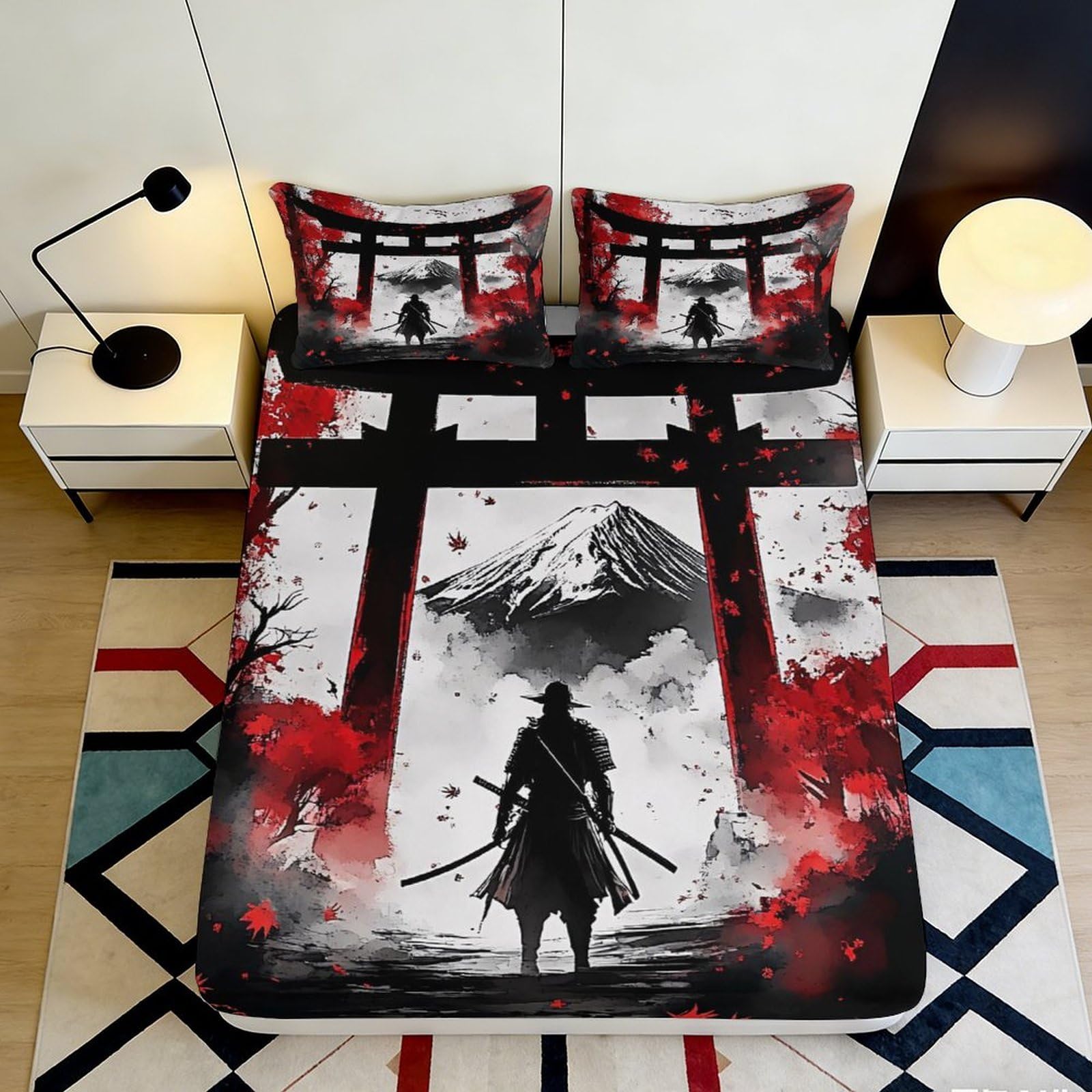 3D Printed Samurai Torii Fitted Sheet Microfiber Black Red Mountain Mattress Cover for Bedroom Decor Dorm Protection 140x200x25cm