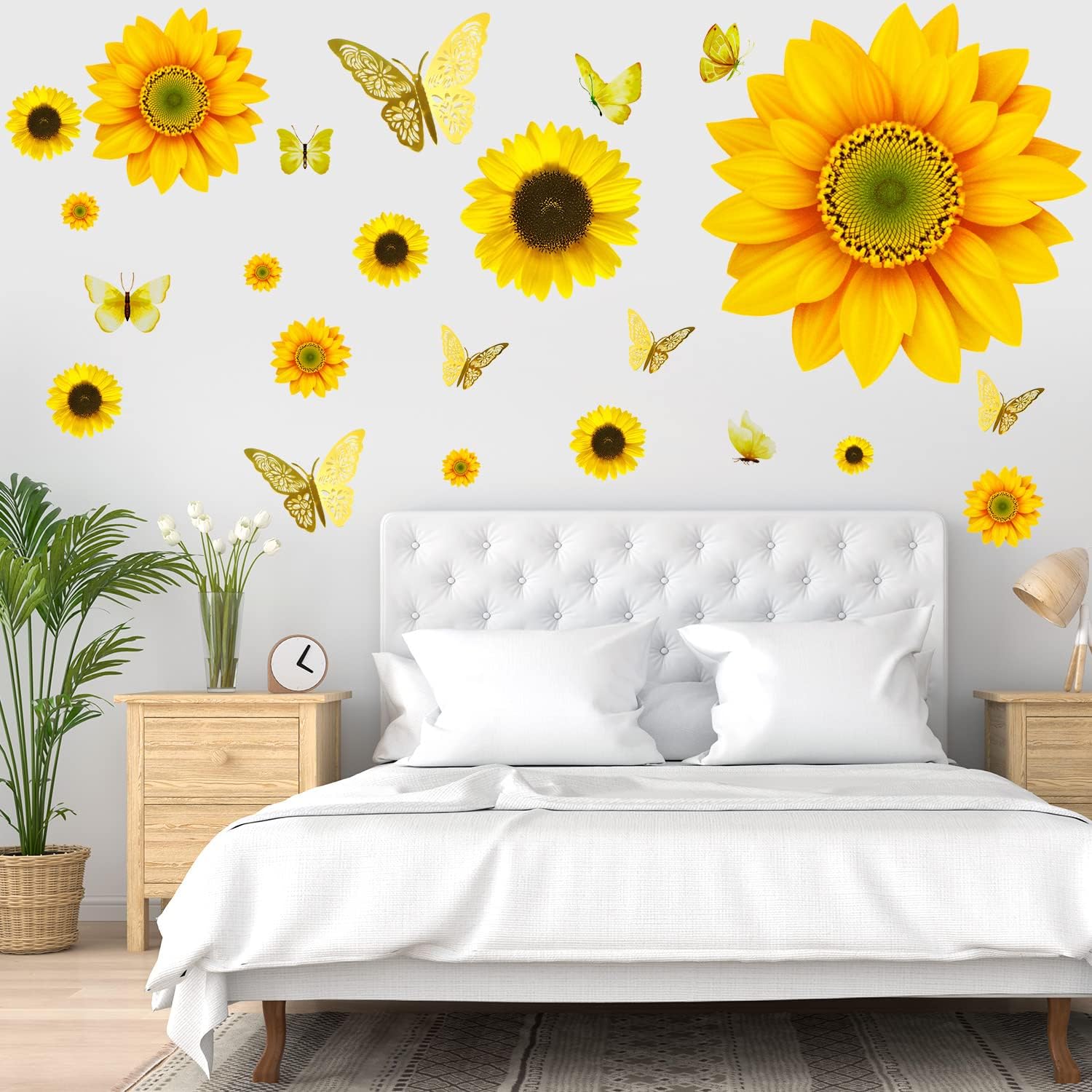 39 Pcs 3D Sunflowers with Butterfly Wall Decals Decor - Large Sunflower Wall Stickers Peel and Stick Yellow Floral Stickers for Home Kitchen Bedroom Bathroom Living Room Decorations