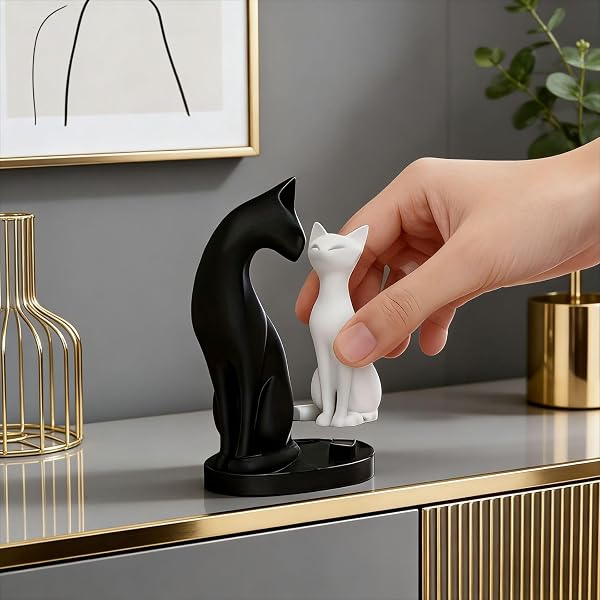 Statue de couple de chats pour décoration d'intérieur, sculpture d'animal moderne et minimaliste, décoration de bureau pour salon, chambre à coucher, bureau, cadeau pour les amoureux des chats (noir - 2