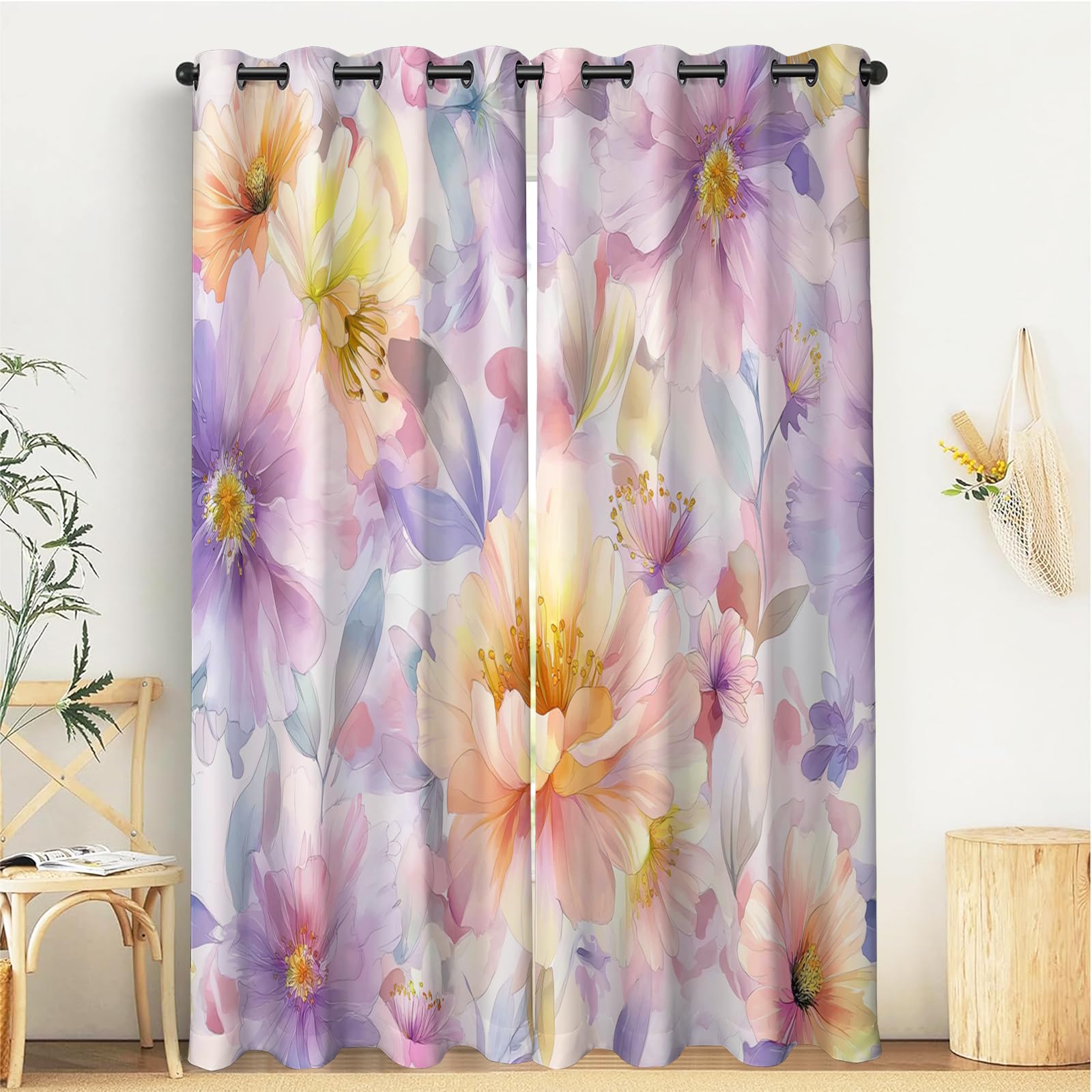Rideau opaque à oeillets fleurs élégantes aquarelle, finition haut de gamme 140x220 cm