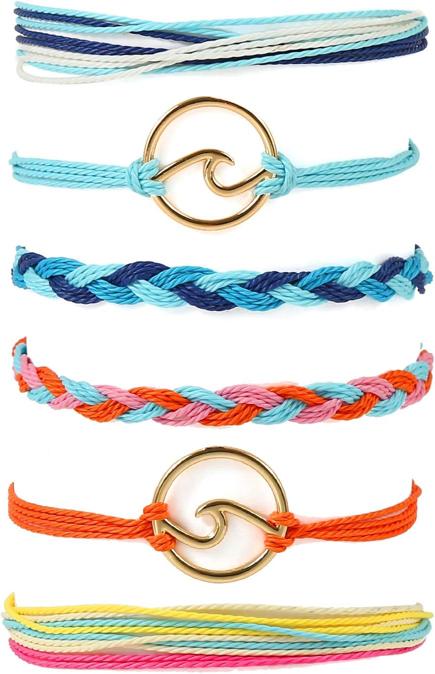 Surf String Wave Bracelets for Women Boho Handmade Waterproof Adjustable Braided Beach Surfer Bracelets Set