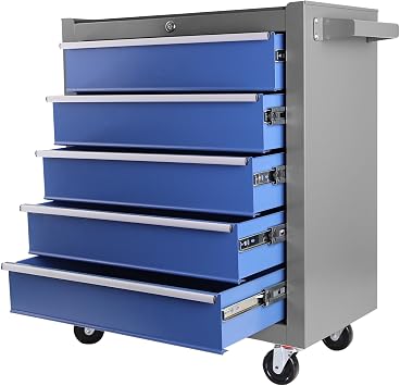5 Drawers Rolling Tool Chest Cabinet with Wheels, Tool Storage Cabinet and Tool Box Organizer for Garage Warehouse Workshop Blue+Grey-5 Drawers