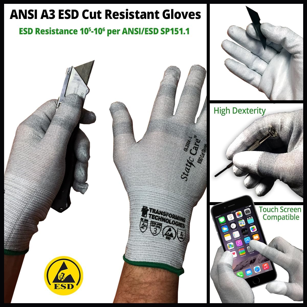 Cut Resistant ANSI A3 Gloves Anti-Static ESD Multi-Purpose Inspection Handling Glove, Uncoated, Tip Coated and Palm Coated