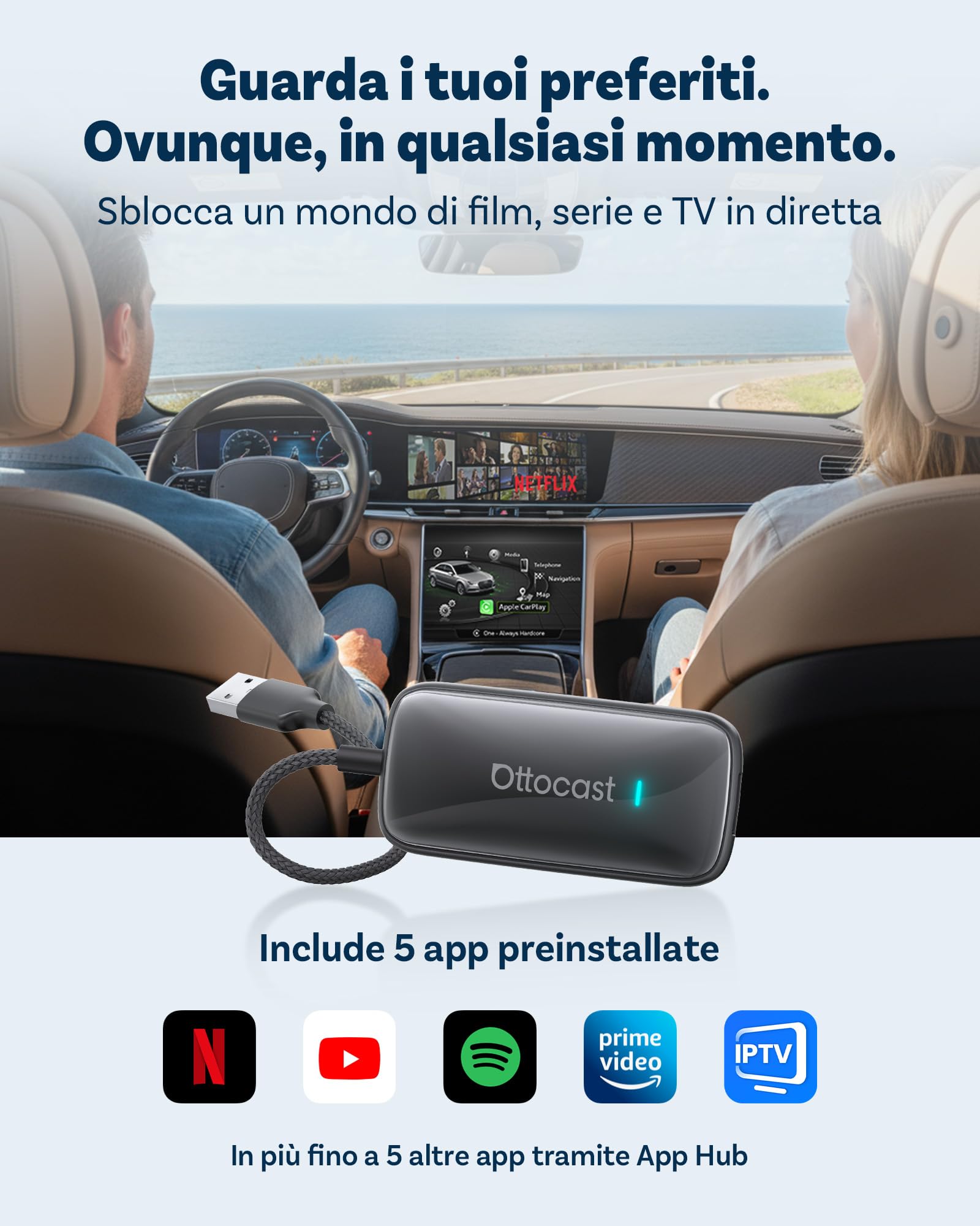 OTTOCAST Play2Video Ultra AI Box 2026 Upgrade, Adattatore CarPlay Wireless e Android Auto Dongle, Streaming con Netflix YouTube, Supporto USB Y-Cable, Design Compatto