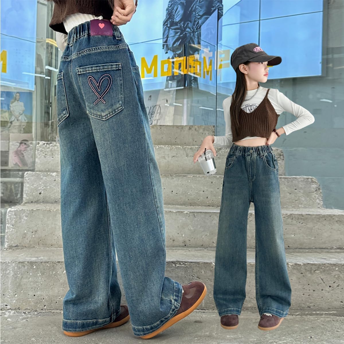 Kids Girls Jeans Washed Elastic Waist Baggy Wide Leg Jeans Size 4-14 Years - Image 3