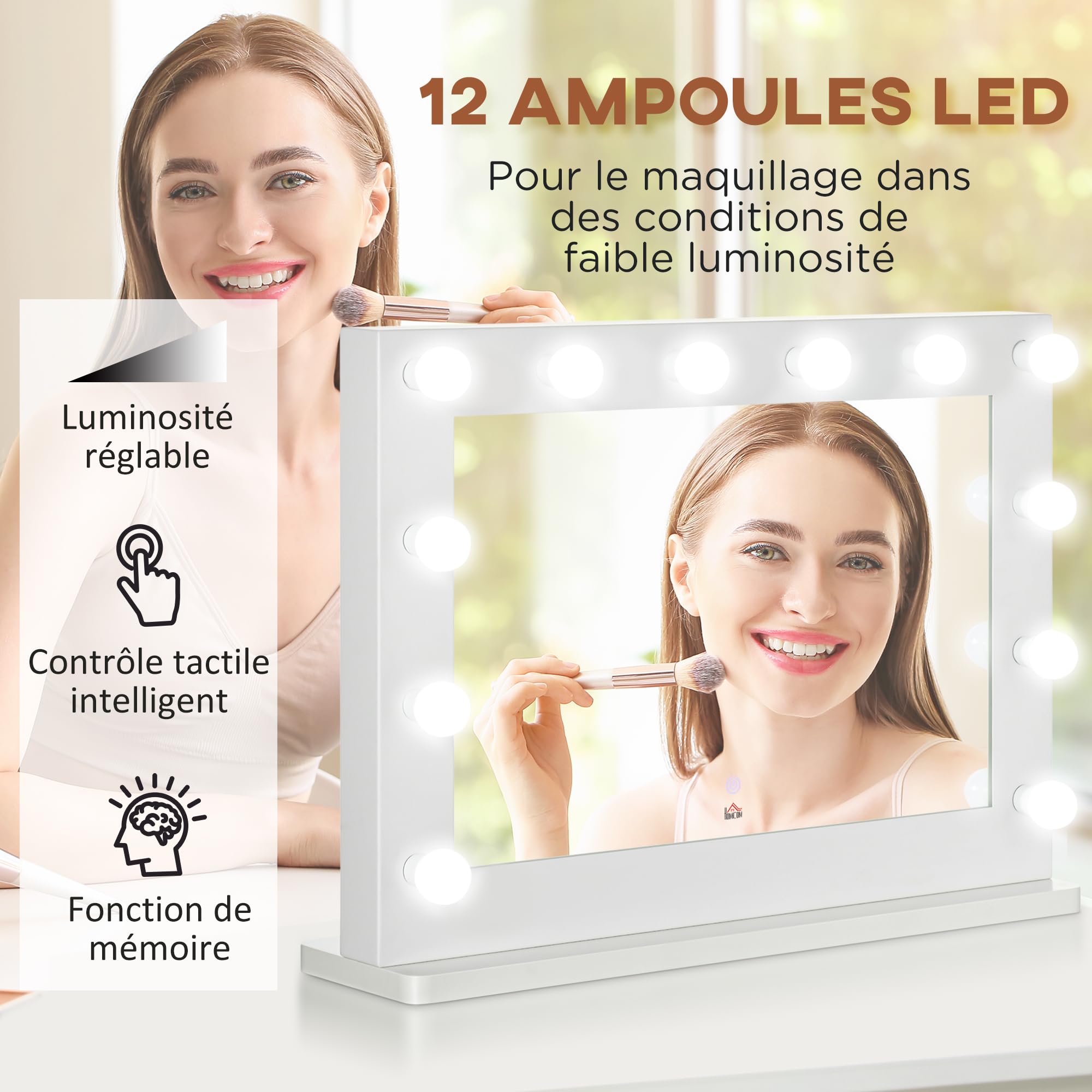 HOMCOM Miroir Maquillage Hollywood LED Lumineux Tactile 80 x 60 cm Blanc