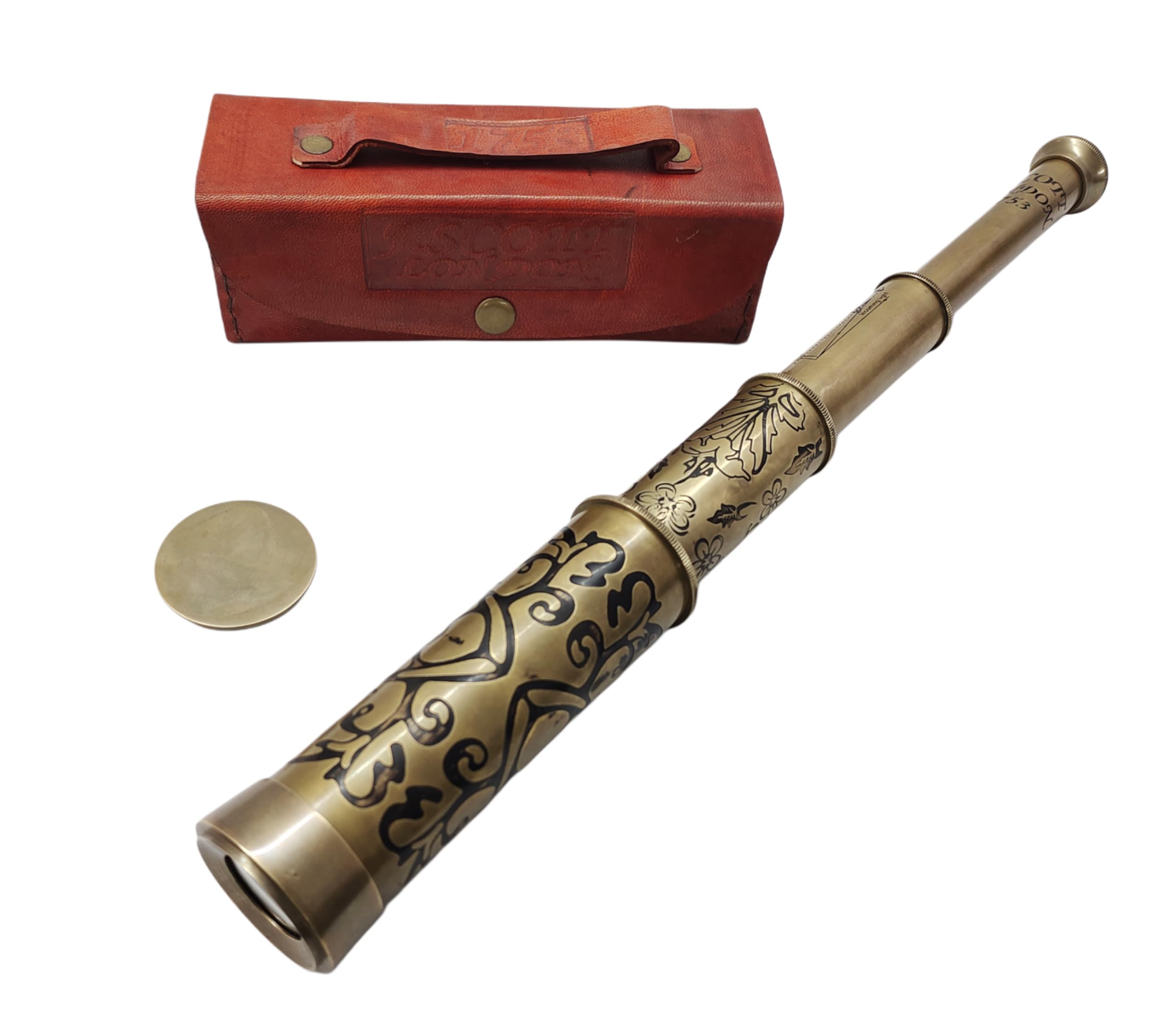 Nautical Brass Telescope Vintage Spyglass 1753 Retro Handmade with Leather Case Rustic J.S COTT London Marked Functional Spyglass Home & Table Decor