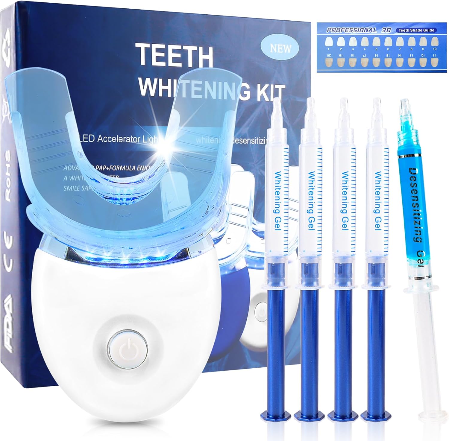 Teeth Whitening LED Light Kit - 4+1 Whitening and Desensitization Gel for Sensitive Teeth, Effective Removes Stains from Smoking, Coffee, Wine and Food, Safe Formula for Brighter Smile(20+ Treatments)