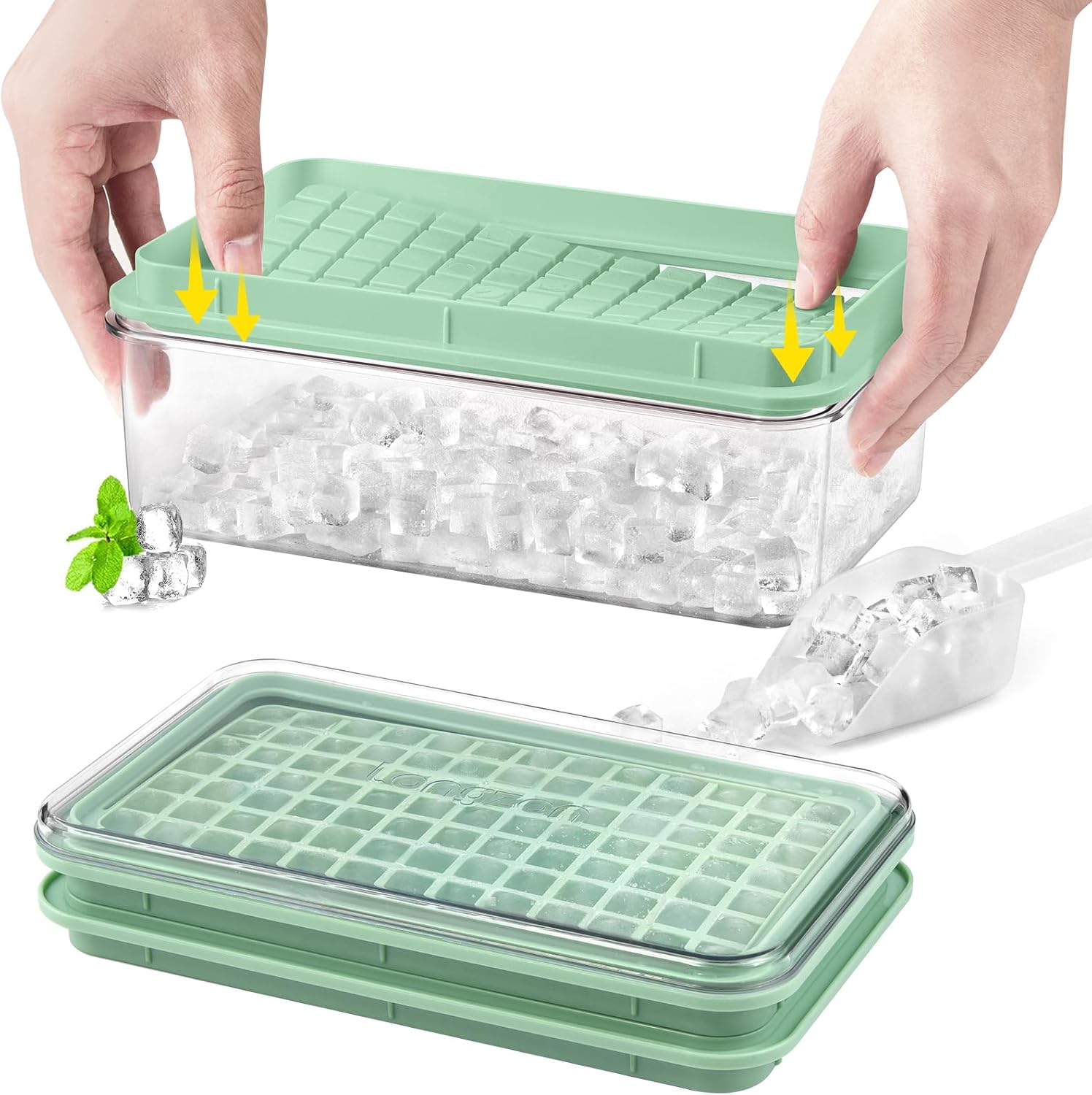 mini ice cube tray with lid and bin, 273 pcs small ice cube trays for freezer, ice cube mold spill-resistant removable lid&ice scoop, ice mold for whiskey cocktail, tea,coffee-green green+clear