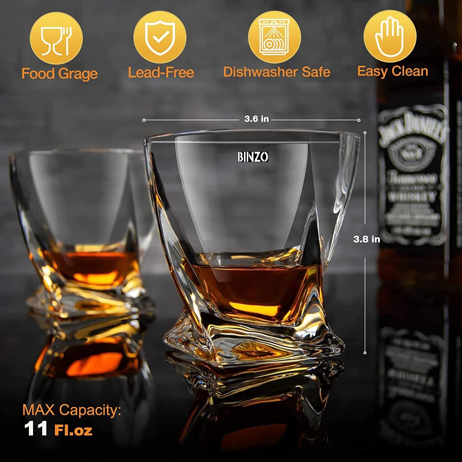BINZO Whiskey Rocks Glass, Set of 6, 300 ml, Twist Glasses for Scotch Cocktail Rum Cognac Vodka Liquor, Unique Gifts, Old Fashioned Whisky Tumblers 1