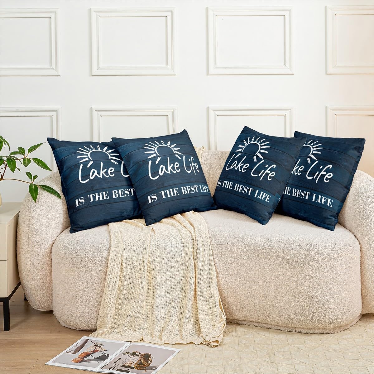 Pack of 2 Lake Rules Decorative Throw Pillow Covers, Soft Welcome to Lake Cabin Square Cushion Case Set for Couch Bedroom Living Room,Lake House Decor Navy Blue Pillow Cases Pillowcases,24x24 Inches