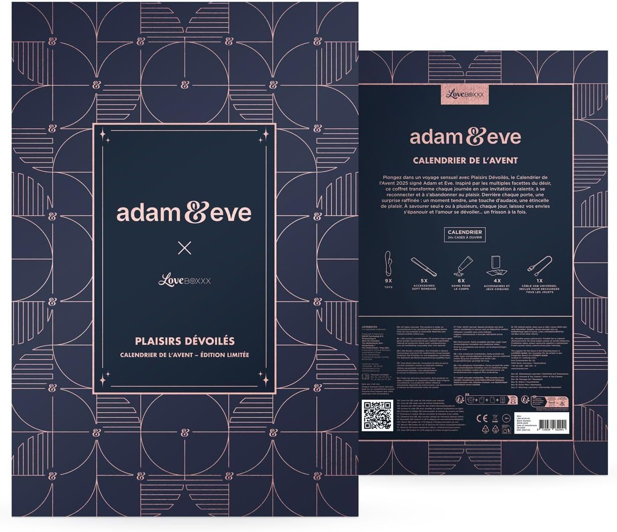 LOVEBOXXX Adam & Eve 2025 Advent Calendar, front and back view desplegat