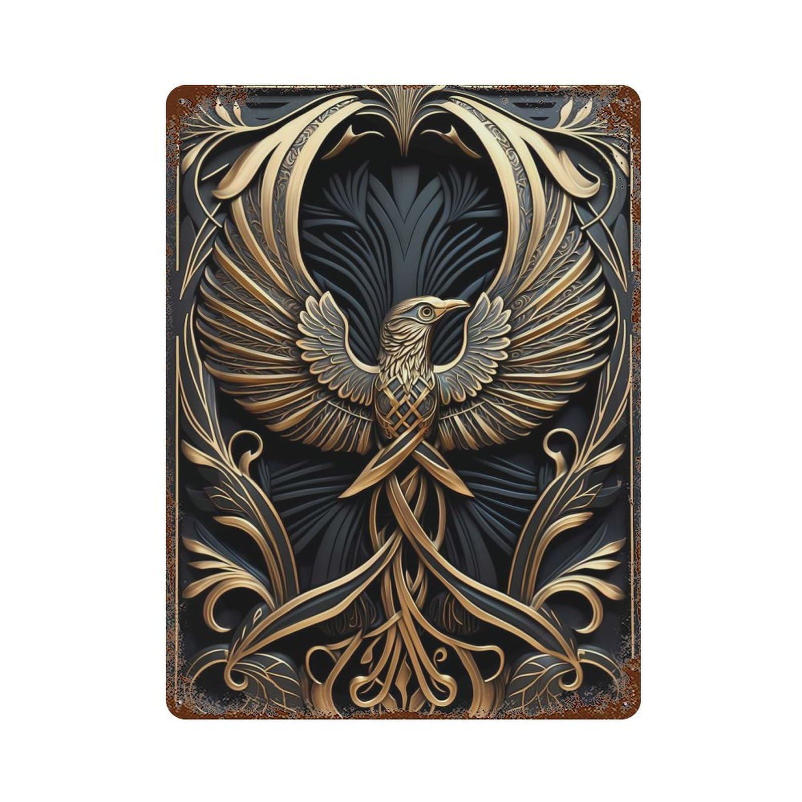 Golden Wings Phoenix 15.7"x11.8" Weathered Tin Sign, Rustic Home Decor for Living Room, Hallway And Home Decor