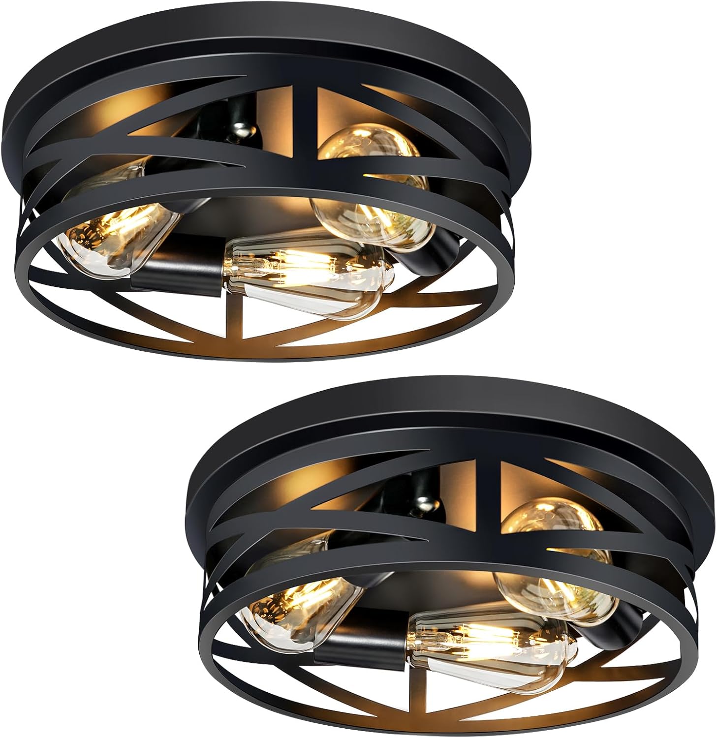 3-Light Flush Mount Ceiling Light Fixture, Farmhouse Ceiling Lights for Kitchen, Modern Black Close to Ceiling Light for Hallway Bedroom Balcony Porch Stairway, E26, (2 Pack) 12.6inch