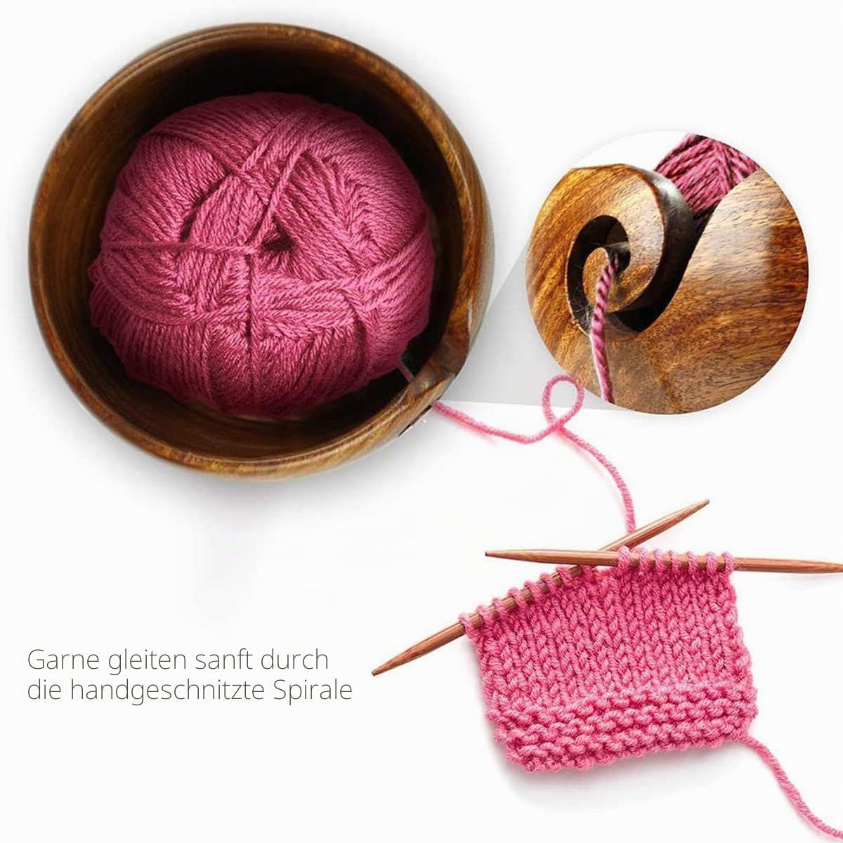 Handgefertigte Holz Garnschale, 6,3'' Garnschale aus Rosenholz mit Deckel Tragbarer Garn Schüssel Woll Stricken Schalen mit Geschnitzte Löcher und gebohrte Löcher für das Strickende Häkeln