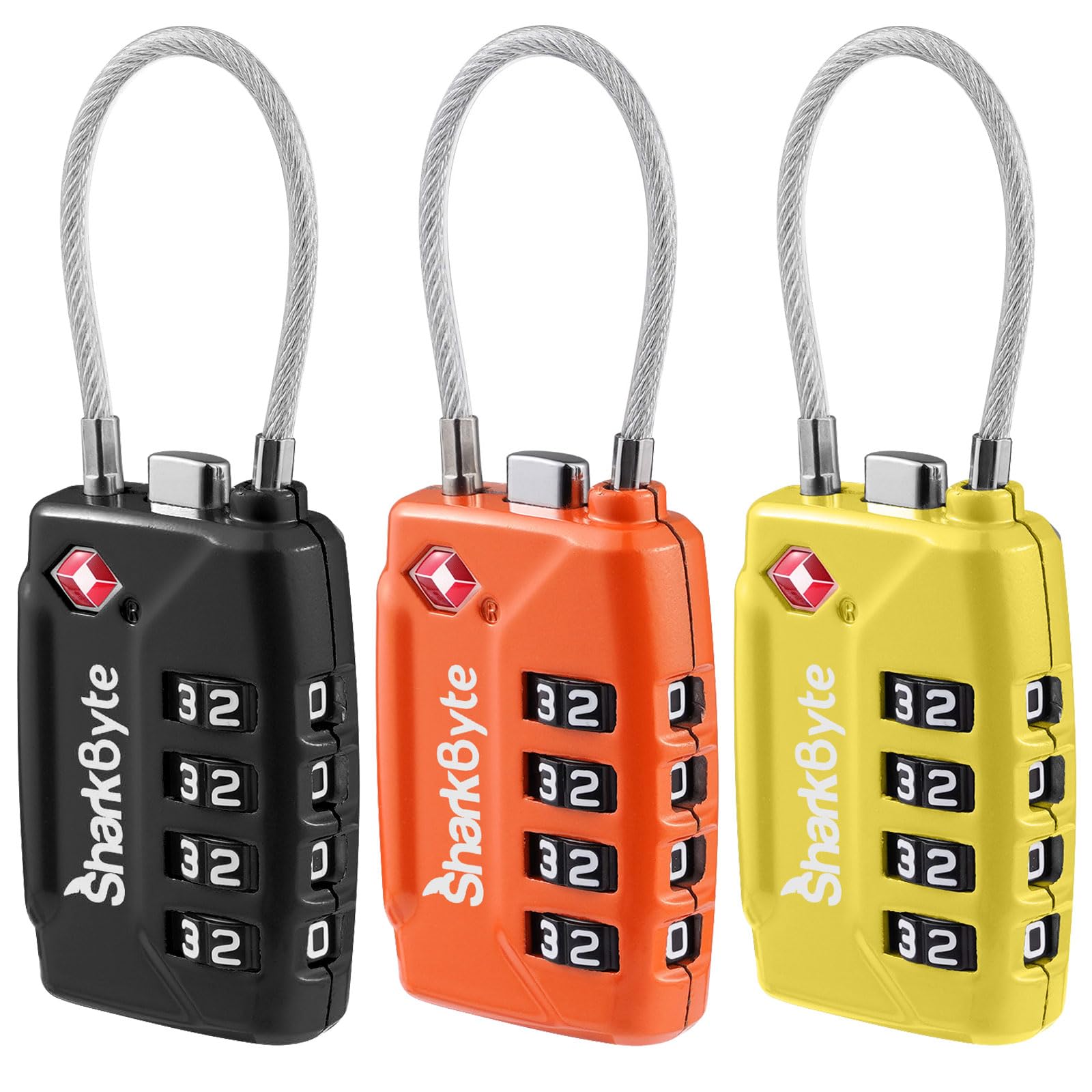 SharkByte TSA Approved Luggage Locks - 4-Digit Combo, (3 Pack) Flexible Cable Wire for Suitcases & Bags (10,000 Combinations)