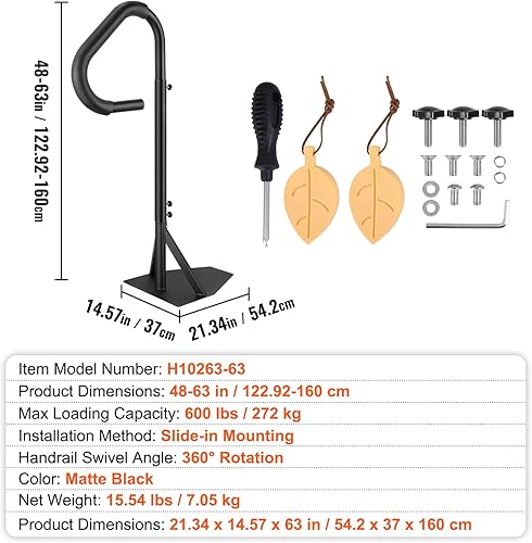 Miniatura 7 de VEVOR Pasamanos para bañera de hidromasaje, pasamanos laterales giratorios de 360 grados con altura ajustable de 48 a 63 pulgadas, barandilla de