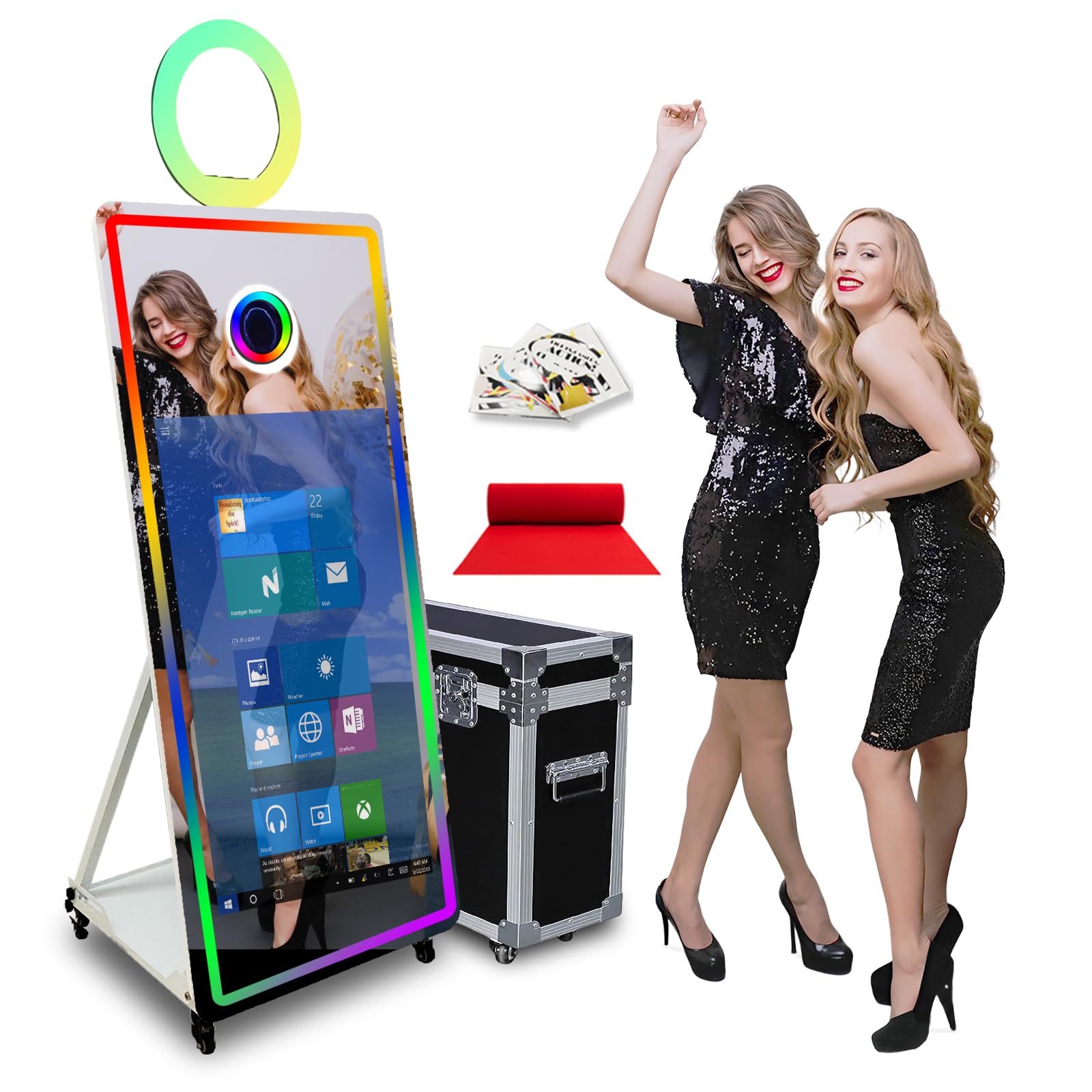 65in Mirror Photo Booth with 43in Touch Screen for Birthdays Weddings Events Holiday Party,Magic Mirror Photo Booth with APP/Remote Control RGB Lighting,with Flight Case（White,Machine）