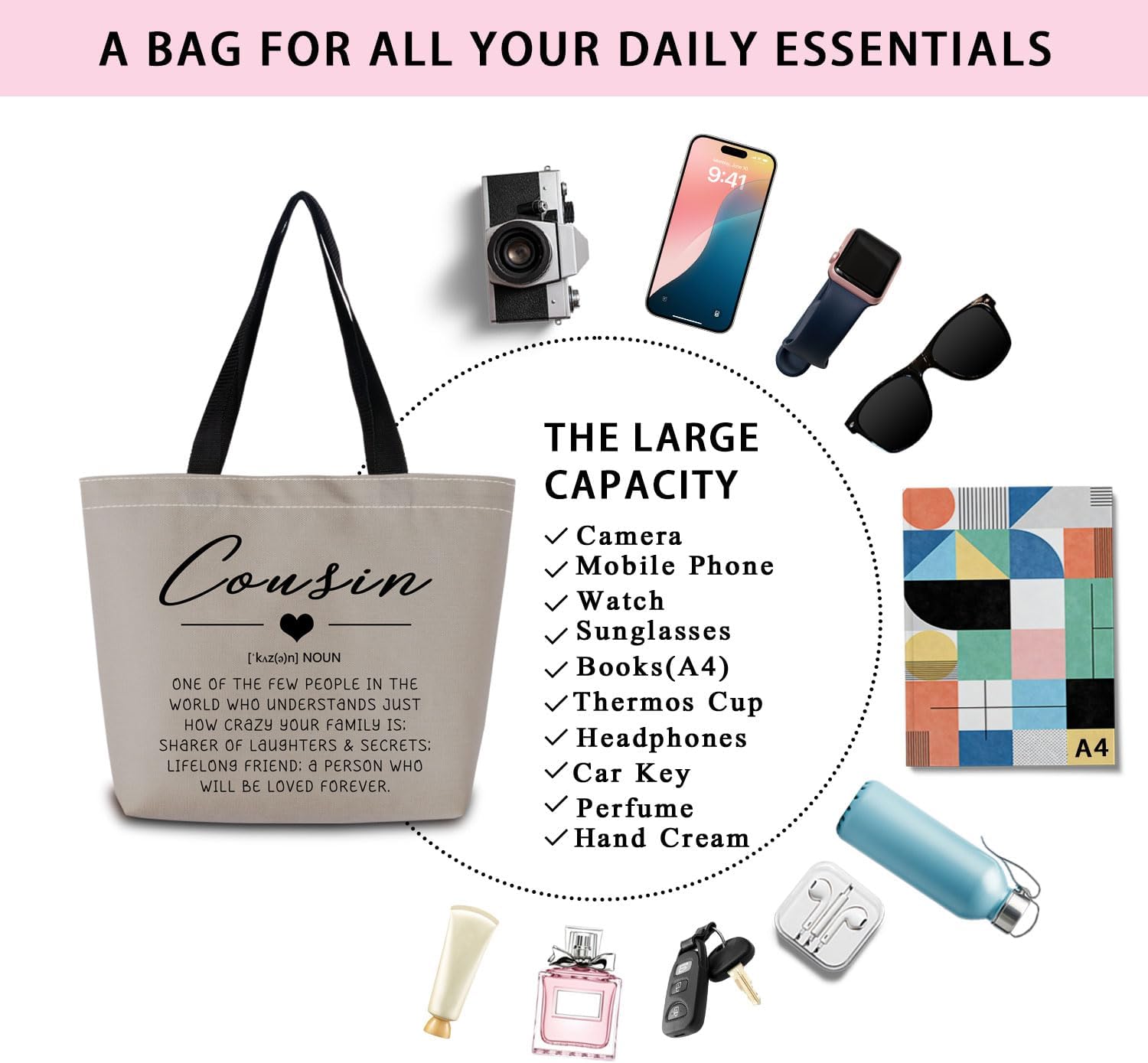 Funny Cousin Definition Tote Bag Reusable Grocery Bags Cute Aesthetic Shopping Shoulder Handbag with Interior Zipper Pocket Stylish Funny Text Present for Cousin Women - Image 7