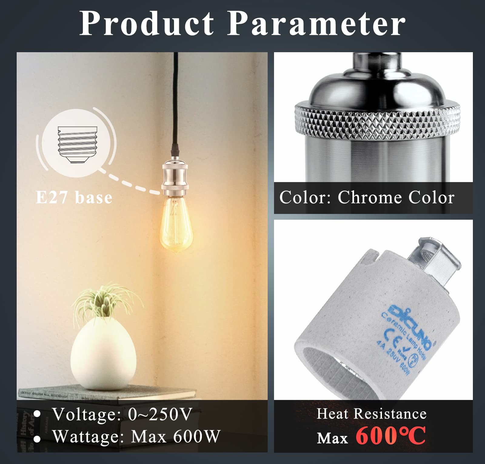 DiCUNO E27 Vintage Portalampada, Edison retro lampada a sospensione, Adattatore in ceramica solida, 10 Pezzi di colore cromato socket