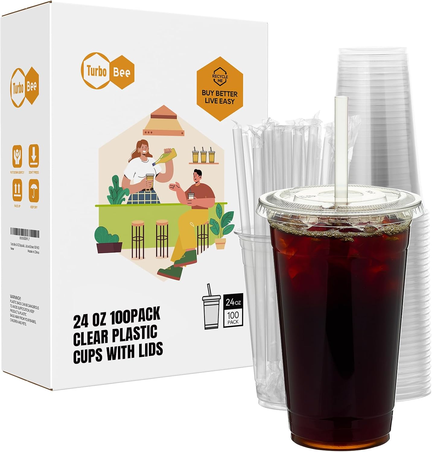 Turbo Bee 24 oz Disposable Plastic Cups with Lids and Straws, 100 Pack