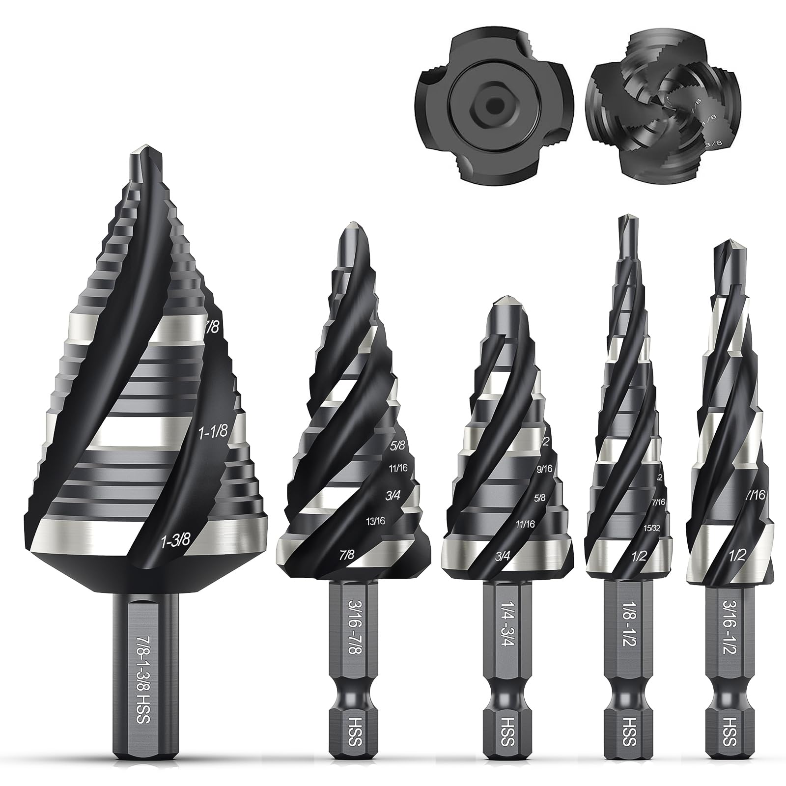 Four Spiral Flute Step Drill Bit Set, 5 Pcs HSS Step Drill Bits (1/8"-1-3/8") Unibit Step Drill Bit, 1/4" and 3/8" Shank Step Bits for Aluminum, Wood, Plastic, Metal
