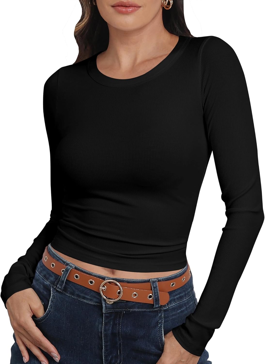 Roselux Womens Long Sleeve Stretch Crewneck Ribbed Knit Fitted Crop Top Casual Basic Shirts