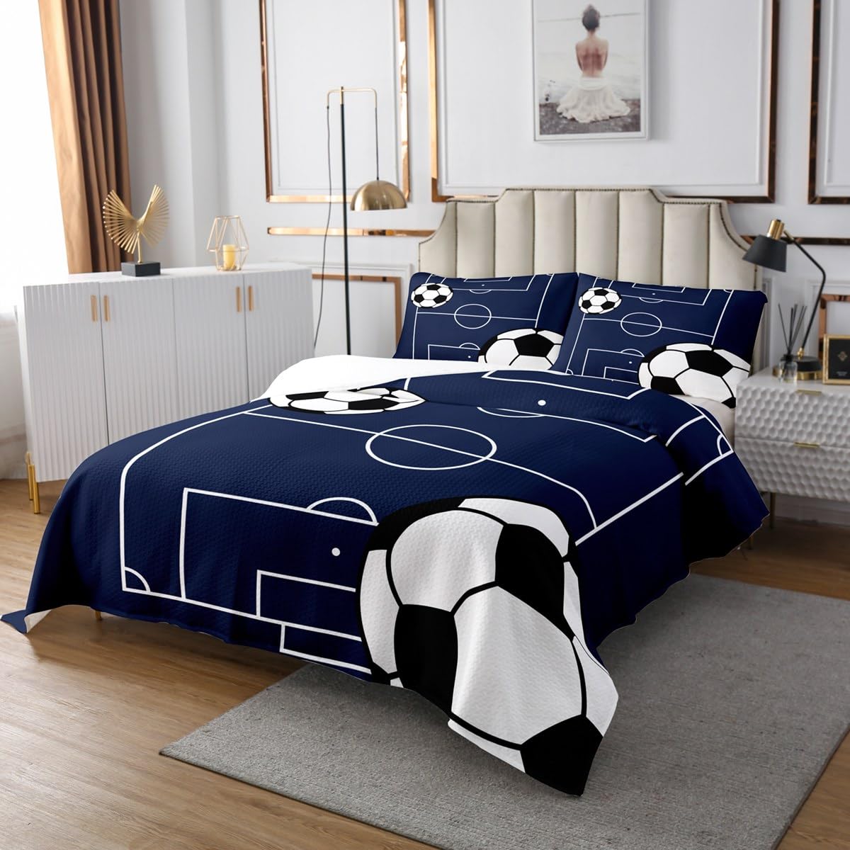 Castle Fairy Football Coverlet Set Queen Size,White Black Soccer Ball Field Durable Bedspread for Girls Teens,Gaming Sports Navy Blue Football Court Soft Polyester Quilt Set, with 2 Pillowcases