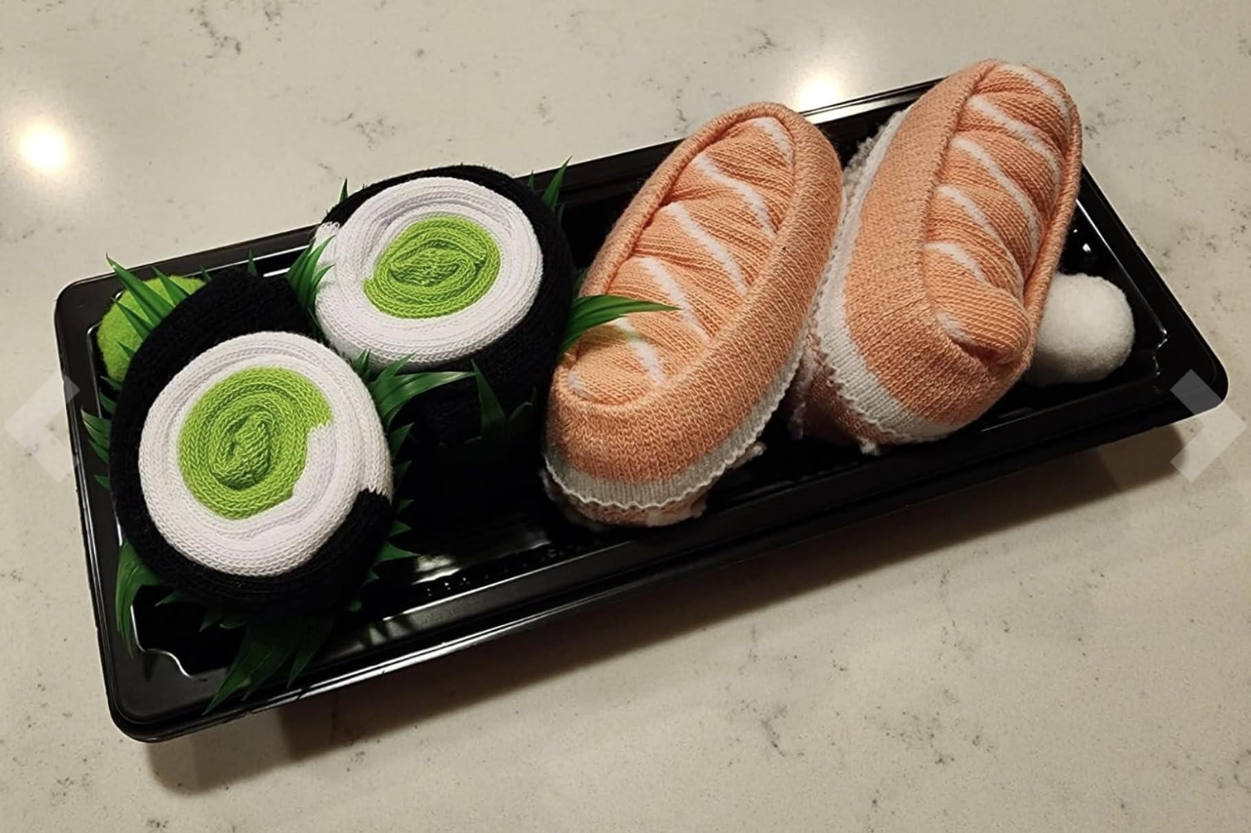 Sushi Socks Box: 2 pairs featuring Salmon Nigiri and Cucumber Maki designs. So cute and comfy! Stretchy, and unisex.