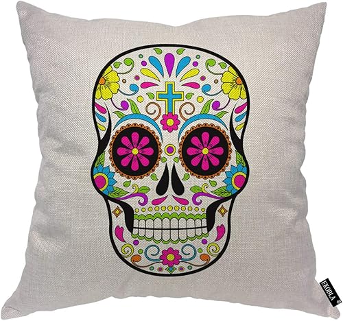 EKOBLA Funda de almohada con calaveras de azúcar mexicanas, color amarillo, rosa, flores, hojas, sonrisa, anatomía, anatomía, fundas de almohada