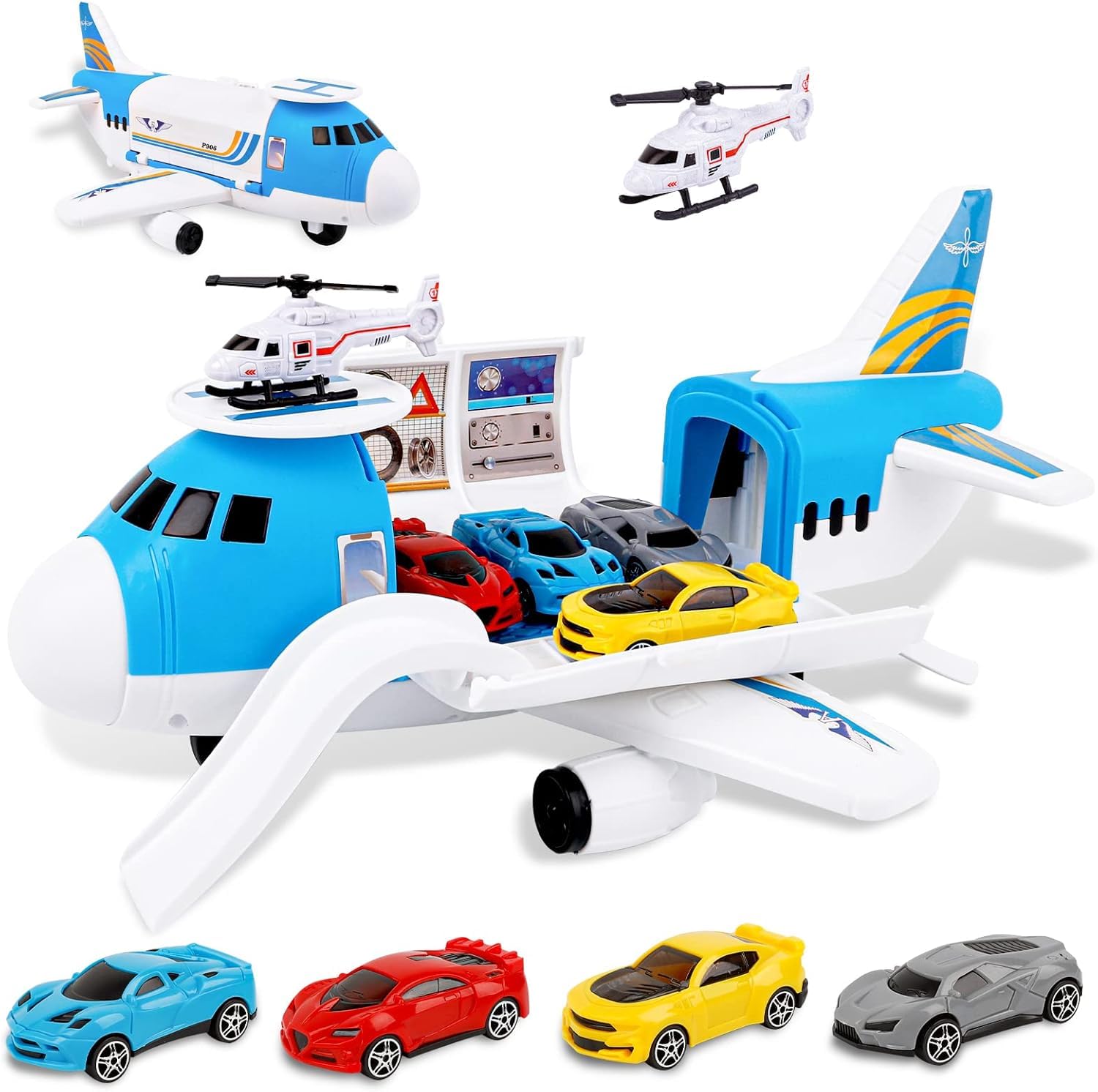 m zimoon Avions Jouets Transporteur Ensemble avec 4 Voitures, 1 pièces Hélicoptère Jouet et 1 Bricolage Autocollants Cadeau pour 3-12 Ans Garçons Filles