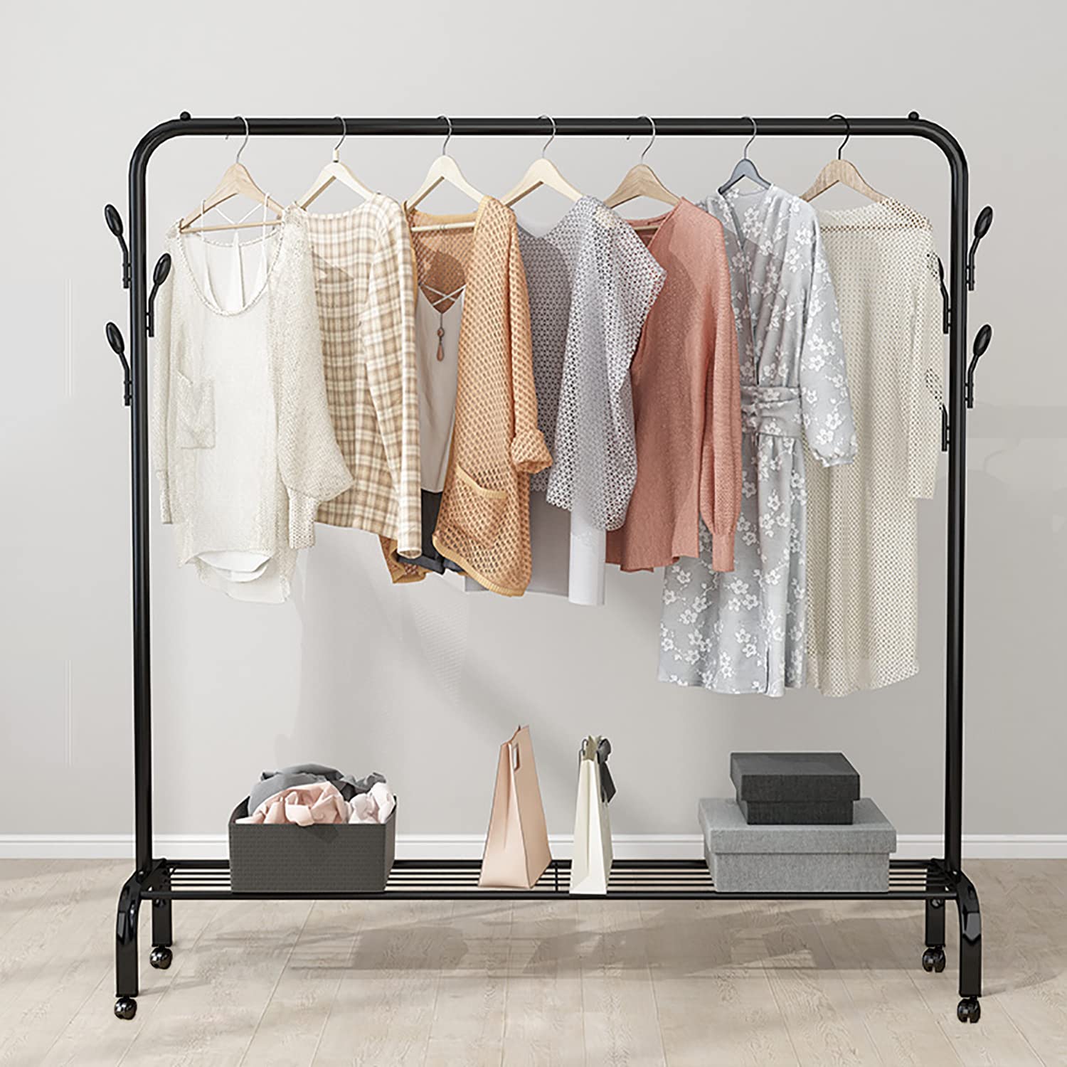Arabest Clothes Hanger Garment Rolling Rack, Multi-functional Single pole Bedroom Clothing Rack with wheels, Metal Clothes Stand Rack with Rod and Lower Storage Shelf for Indoor Bedroom (Black, 150cm)