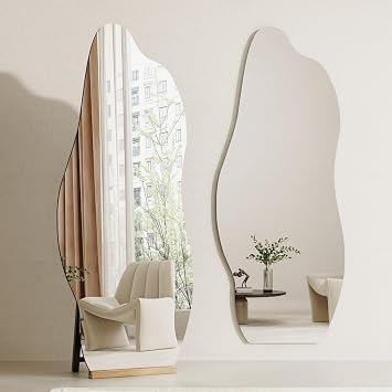 Full Length Mirror Floor Mirror with Stand, Irregular Wall Mirror Stylish Frameless Mirror Modern Home Decor Mirror, Stand Up or Wall-Mounted, 59"x16"