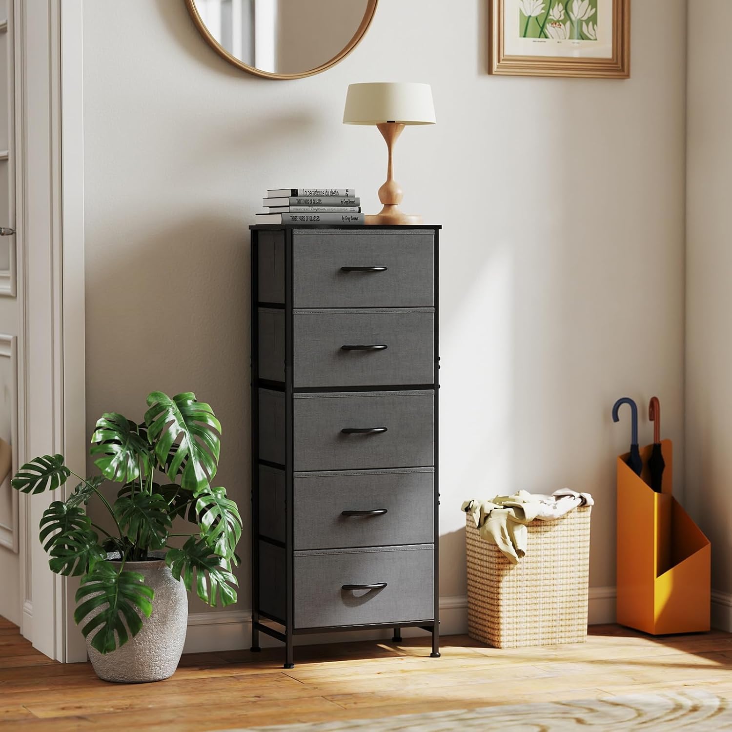 sweetcrispy 5 drawer dresser with fabric bins, sturdy steel frame and wood top, storage organizer chest for bedroom, closet, hallway, gray grey 15.7"d x 11.8"w x 47.7"h (5 drawers)