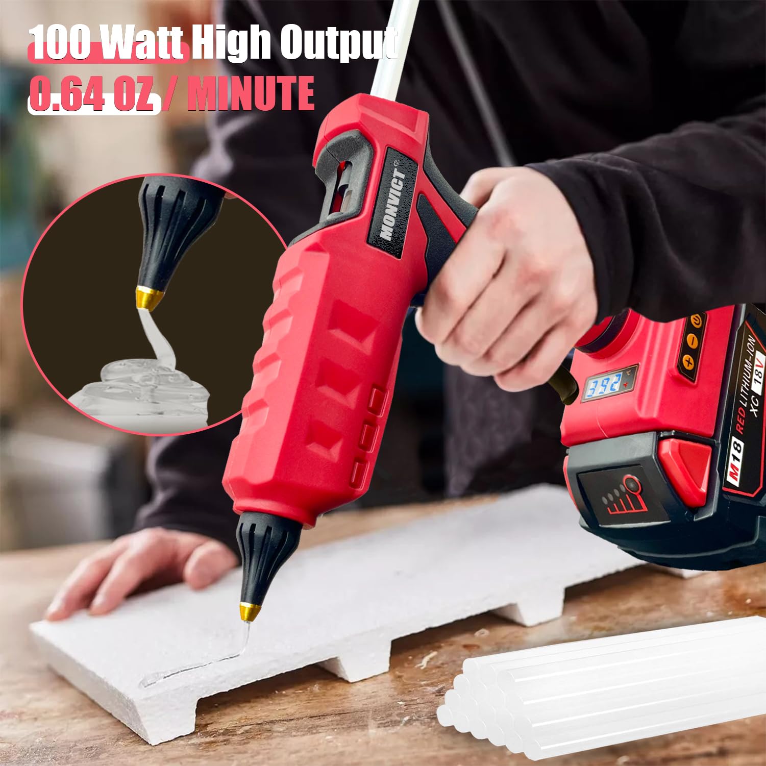 MONVICT Pistola de pegamento inalámbrica de 100 W para batería Milwaukee de 18 V, temperatura digital mejorada, energía eléctrica de mano, pistola de pegamento caliente resistente de tamaño completo